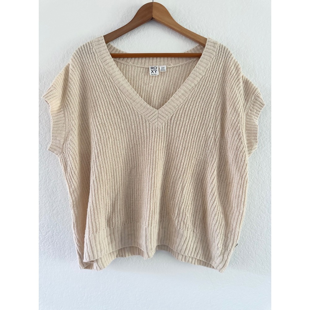 Roxy Womens Cream Beige Ribbed V-Neck Sweater Vest XL Oversized Boho Knit Top